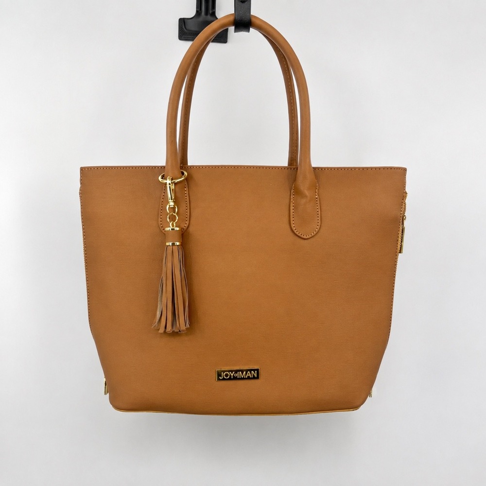 Joy Iman Tote Bag Purse Handbag Tan Brown Faux Leather Tassel Zip